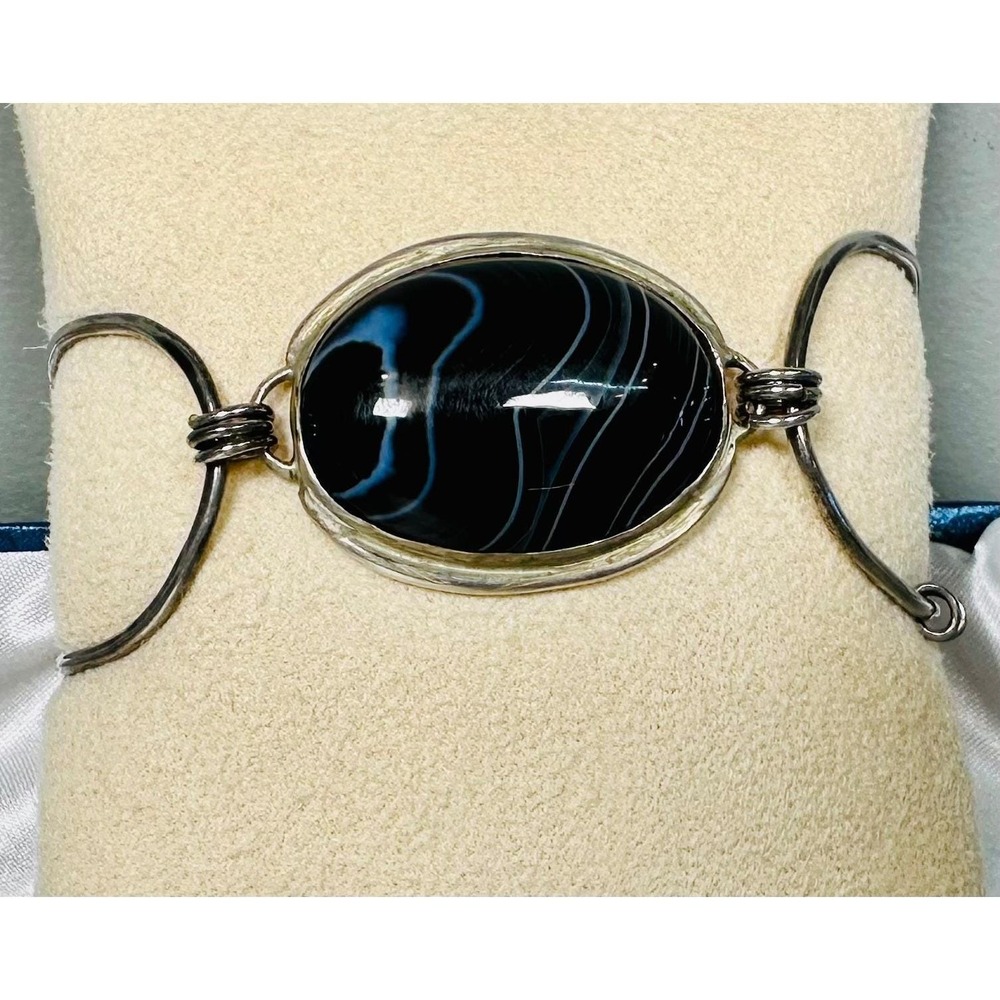 Vintage Artisan Banded Black Agate Cabochon Statement Link Bracelet Signed